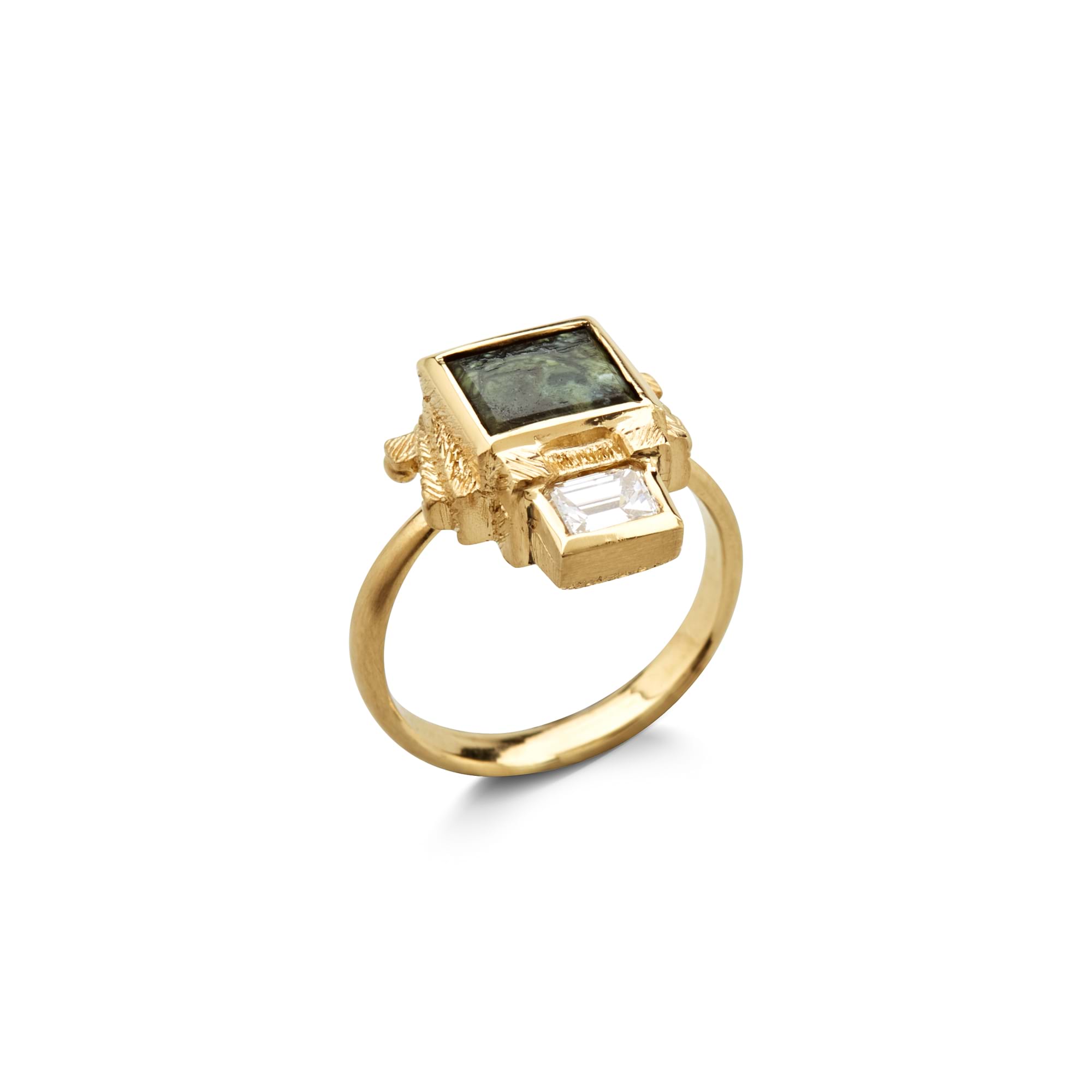 Product Photography Jewellery | Melbourne Photography | Close up of gold and dark emerald ring on white background