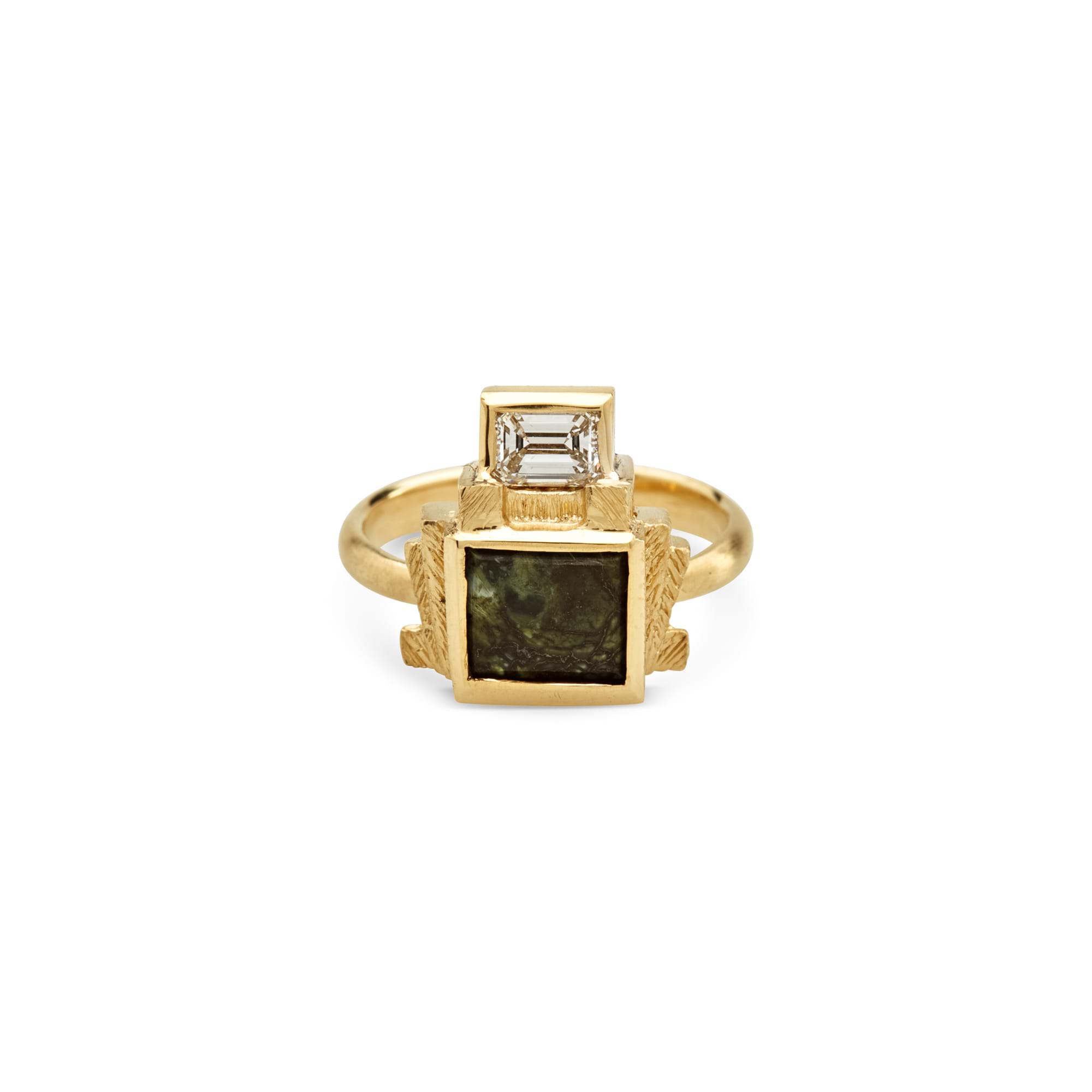 Product Photography Jewellery | Melbourne Photography | Close up of gold and dark emerald ring on white background
